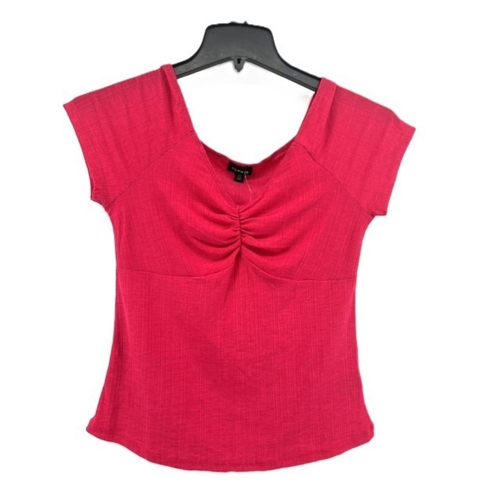 Torrid Bright‎ Pink Shirred Bodice Tee Size 00 M/L 10 Ribbed Sweetheart Neckline